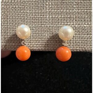 14k White Gold Pearl Diamond and Coral Screw Back Earrings